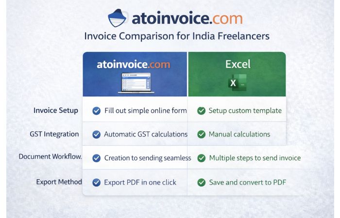 atoinvoice com vs excel invoice comparison chart India freelancers