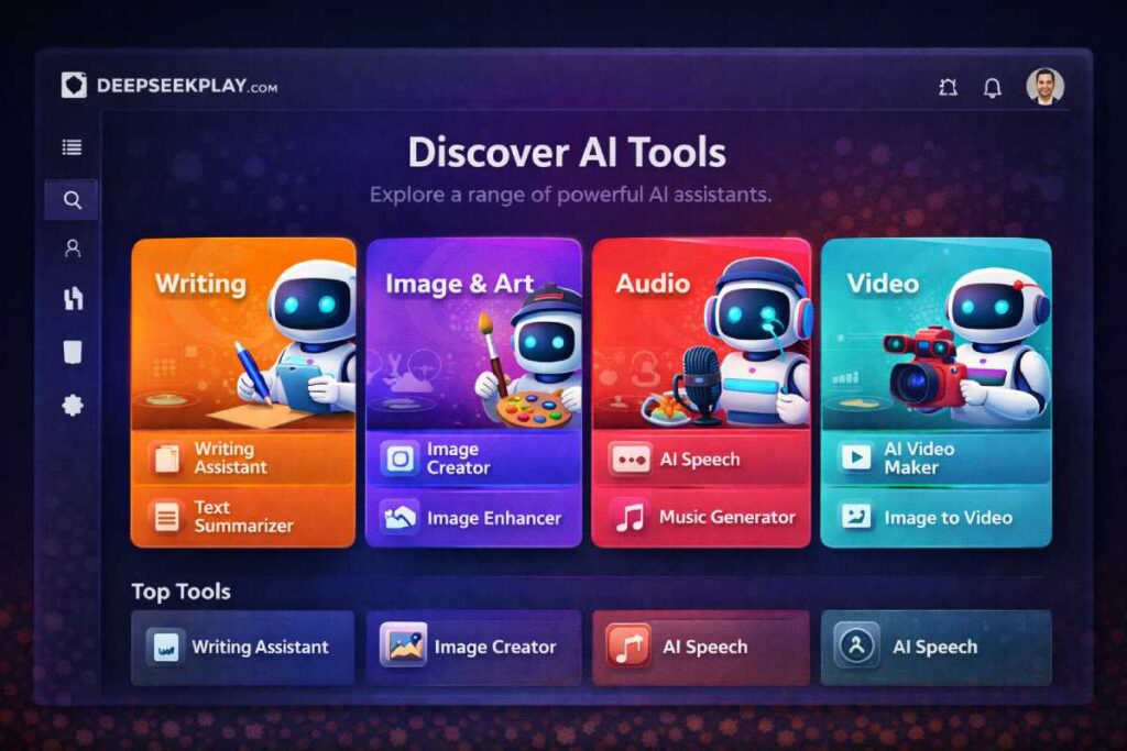 Deepseekplay com India: What It Is, Safety, Features & Alternatives Explained deepseekplay com AI tool discovery dashboard interface overview
